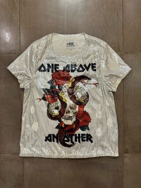 Distressed Silver Sequin Graphic Tee with Skull, Snakes & Roses